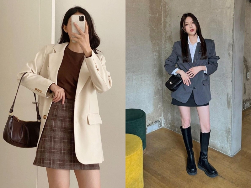 Váy chữ A ngắn phối blazer dáng lửng 