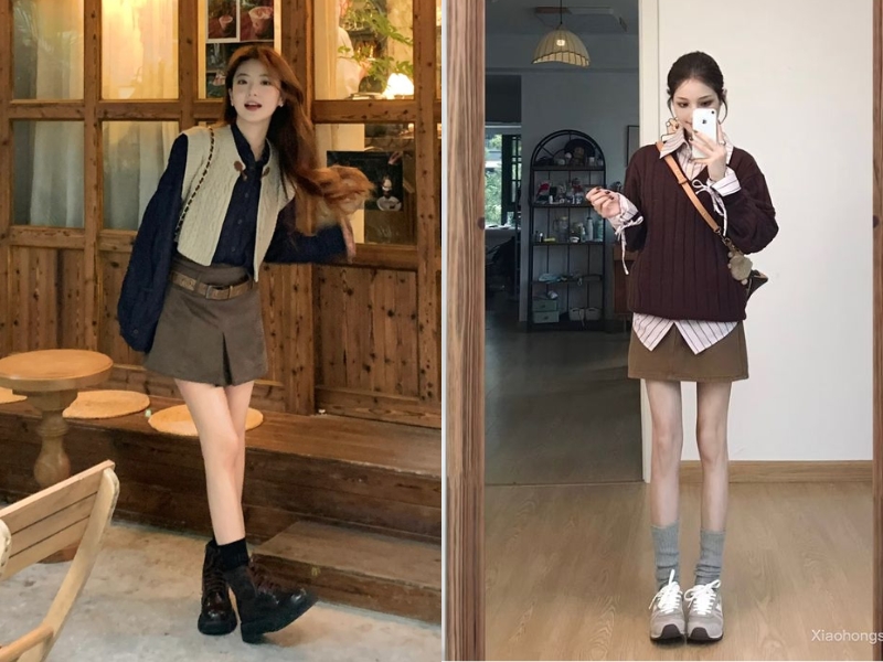 chân váy kaki chữ A với áo len