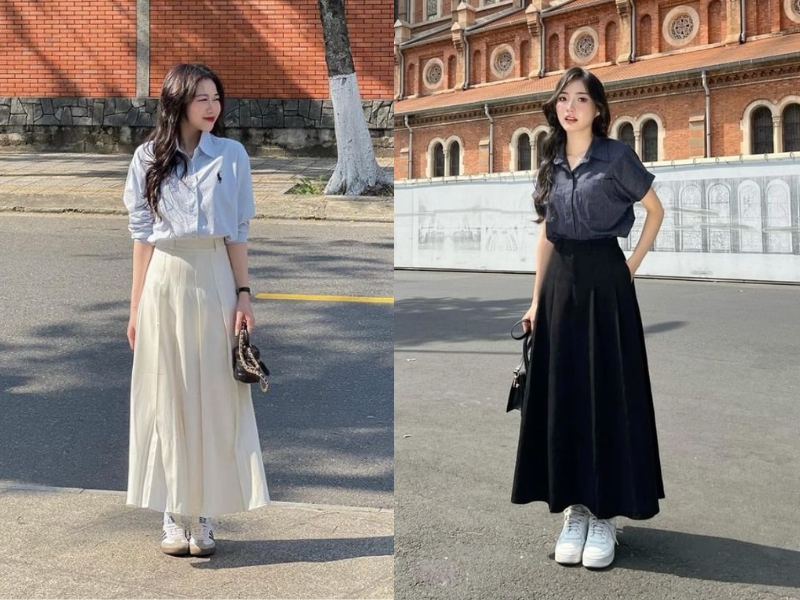 chân váy xòe dài xếp ly cùng áo sơ mi 