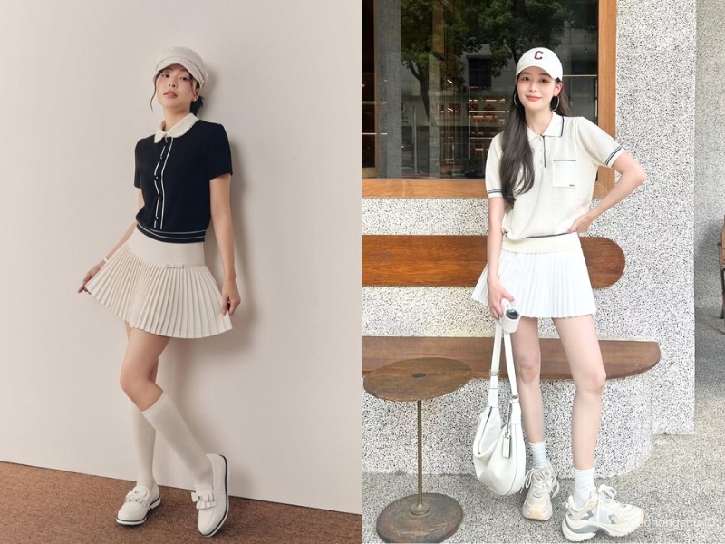 Phối chân váy xếp ly ngắn với áo polo thể thao