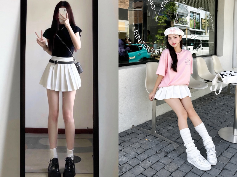 Phối chân váy xếp ly ngắn với áo thun basic 