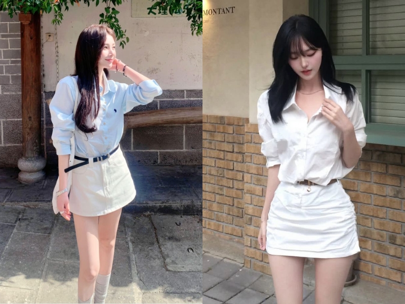 Áo sơ mi và chân váy trắng chữ A