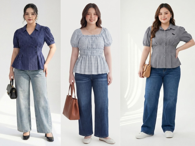 Áo kiểu tay bồng phối quần ống đứng