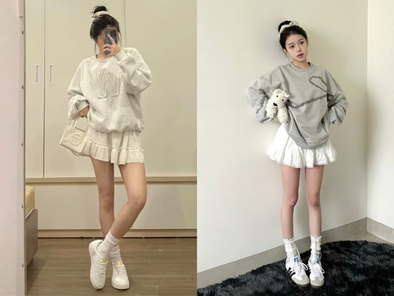 chân váy chữ A trắng và áo hoodie