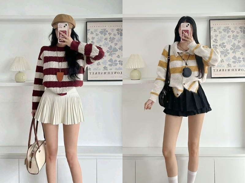 Phối đồ với chân váy xếp ly ngắn cùng áo len Oversize cho mùa đông 