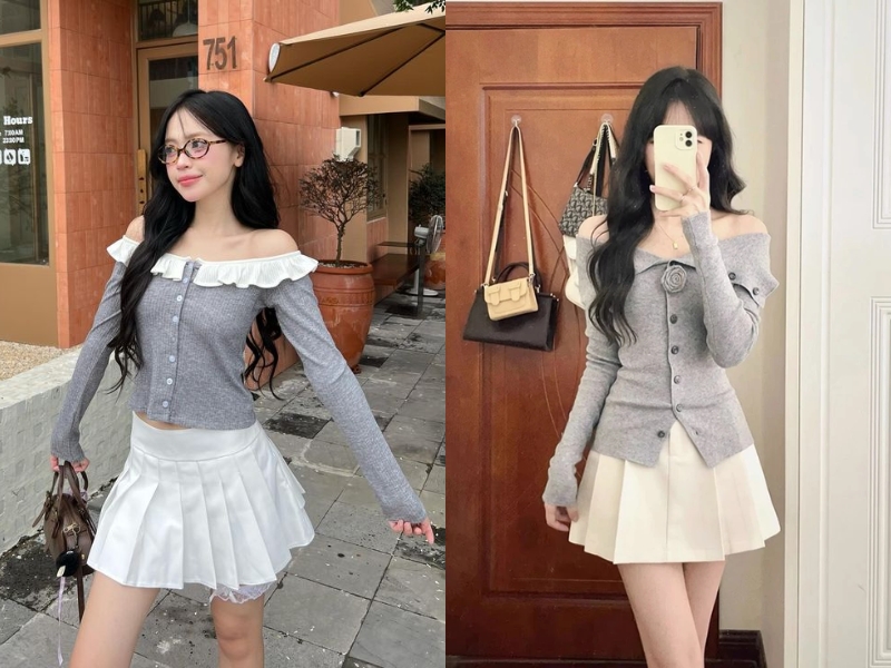 Chân váy xếp ly trắng phối với áo trễ vai 