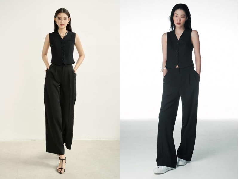 Phối quần tây đen ống rộng với áo gile 