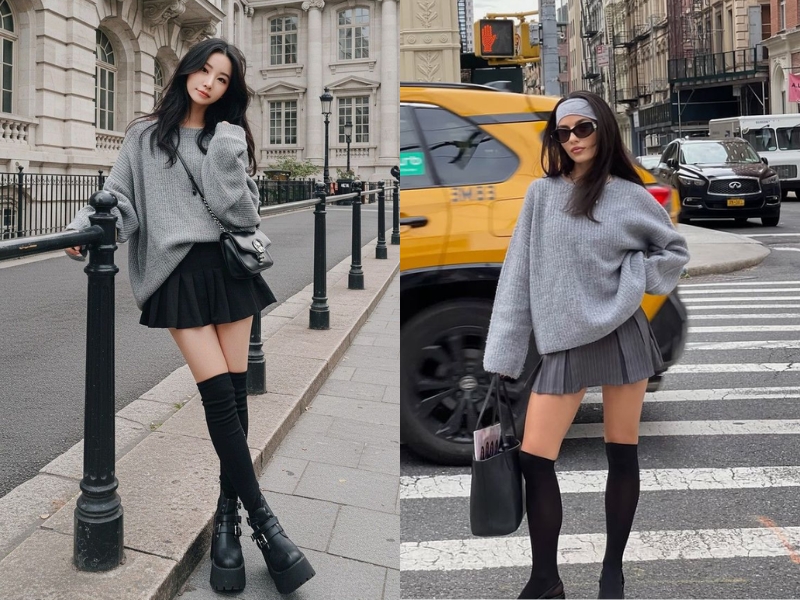 Mix chân váy xếp ly ngắn với sweater basic 