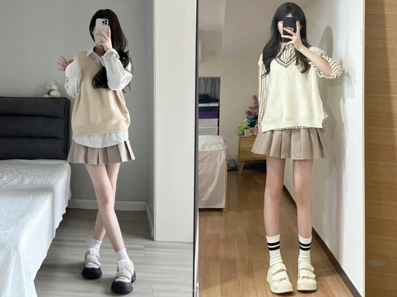Phối váy xếp ly ngắn phối với áo gile