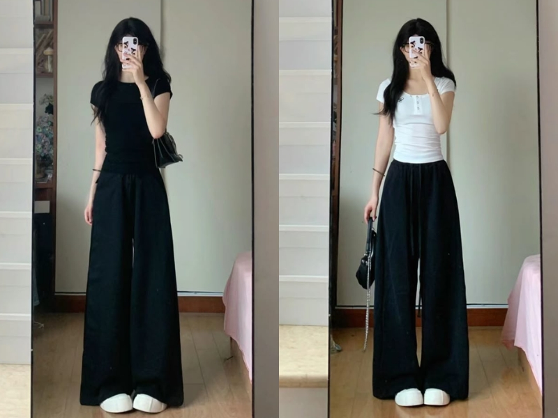 Quần tây đen ống rộng phối áo thun basic