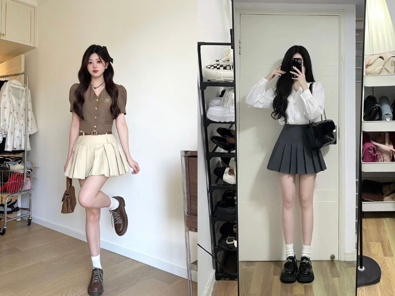 Chân váy xếp ly ngắn đi cùng giày loafer 
