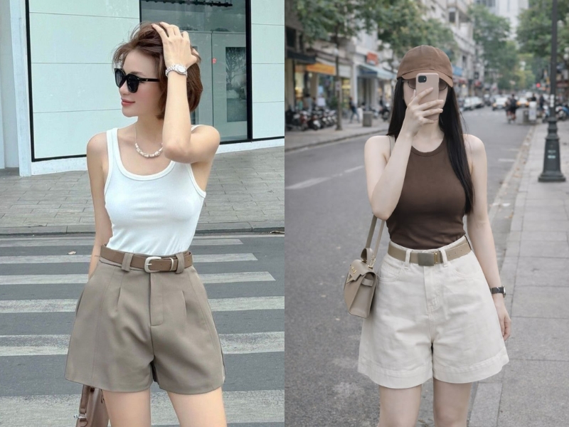 Áo hai dây phối quần short cạp cao