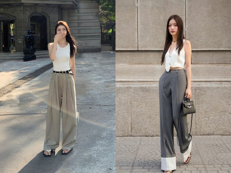 Áo tanktop phối quần suông cạp cao