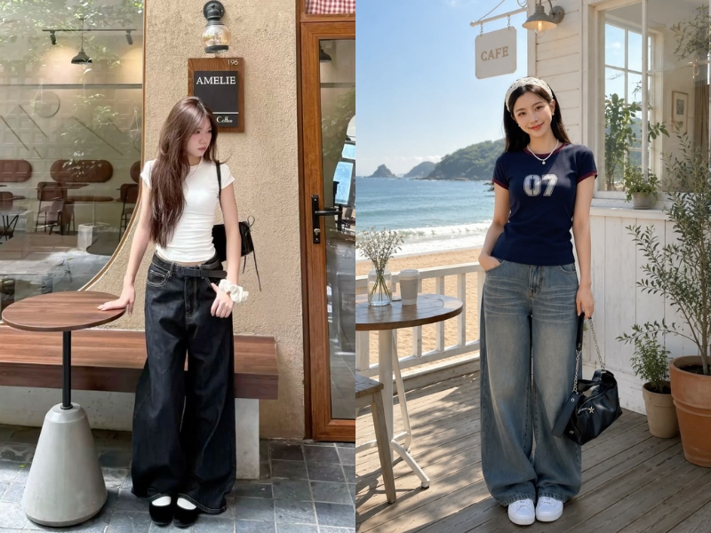 áo thun ôm và quần jeans ống đứng