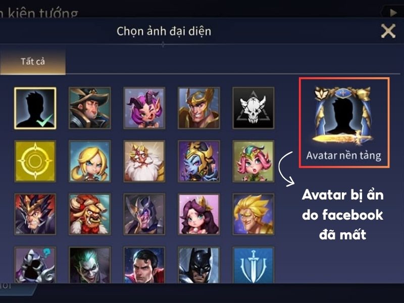 Avatar Liên Quân bị ẩn do mất Facebook
