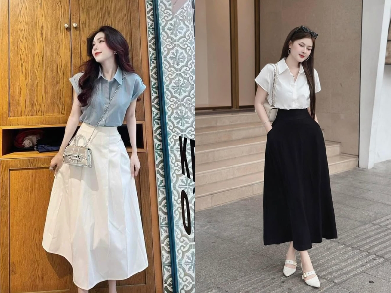 Áo sơ mi phối chân váy midi