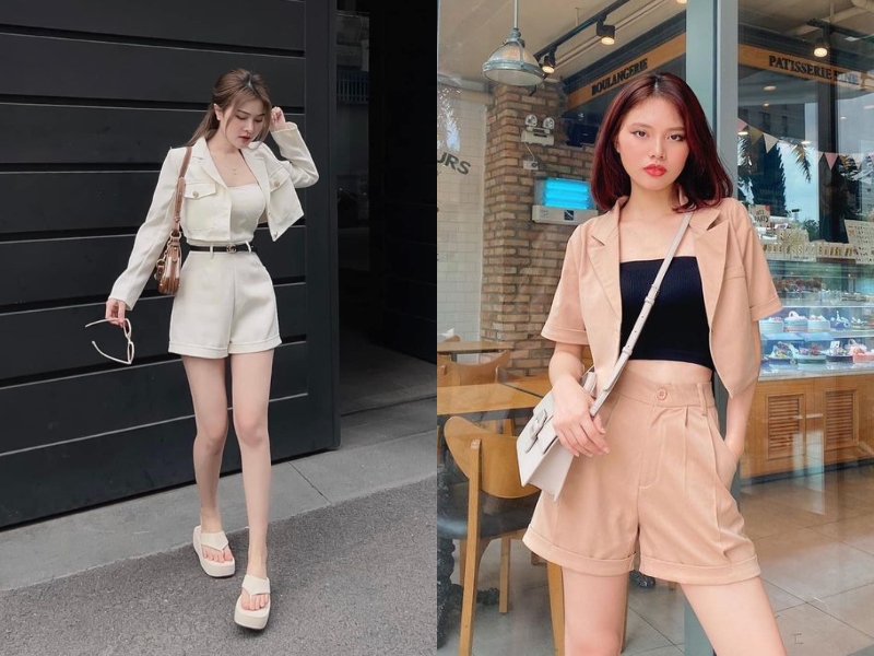 blazer ngắn phối quần short cạp cao