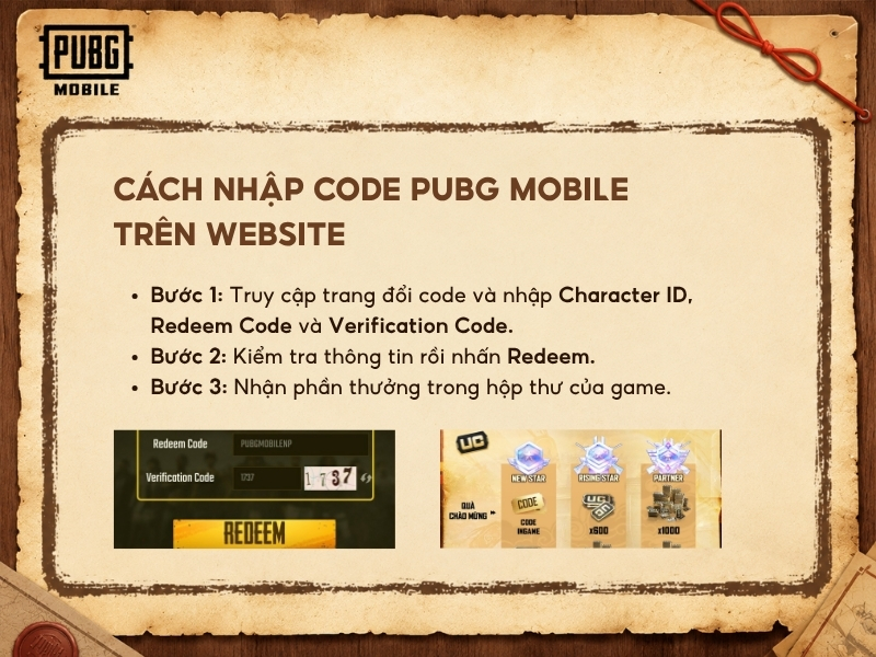 Cách nhập code PUBG Mobile trên website.