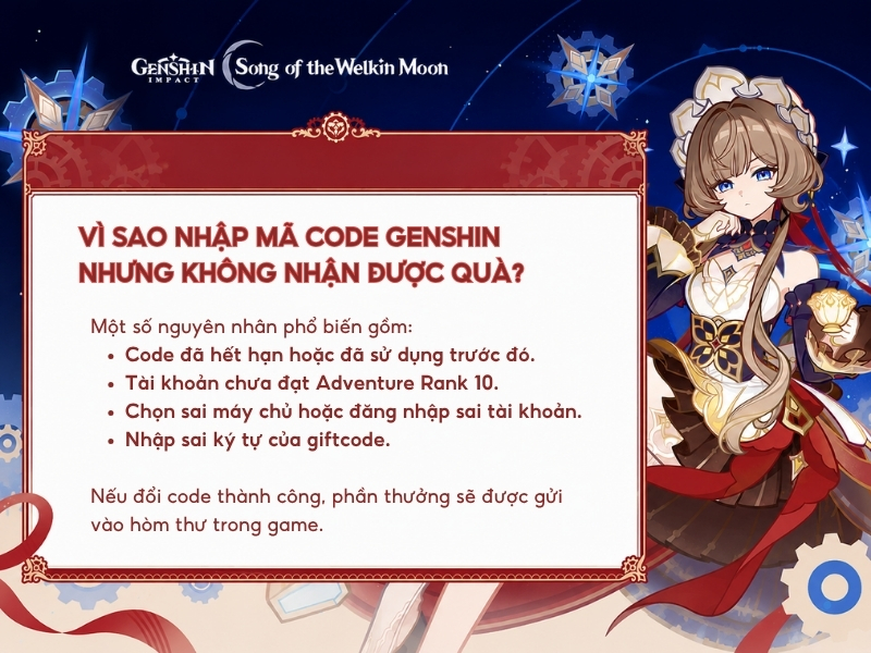 Vì sao nhập mã code Genshin nhưng không nhận được quà?