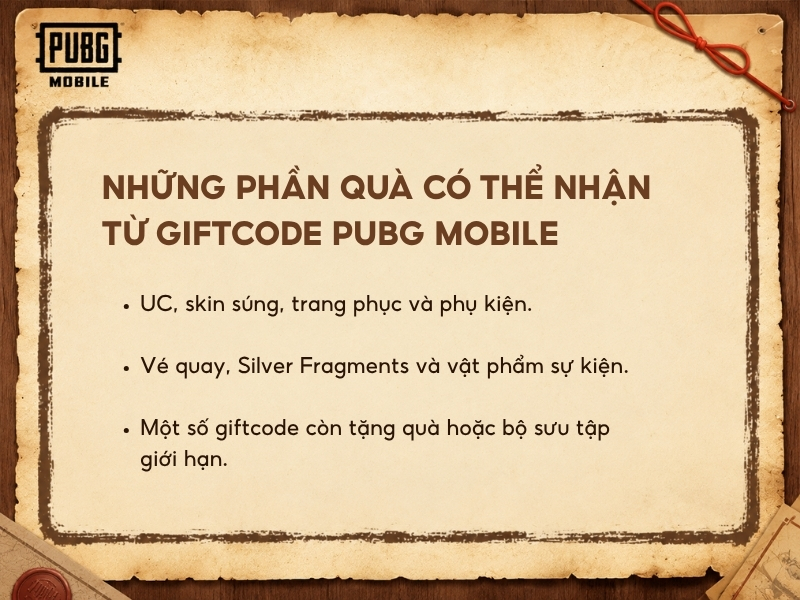 Những phần quà có thể nhận từ giftcode PUBG Mobile