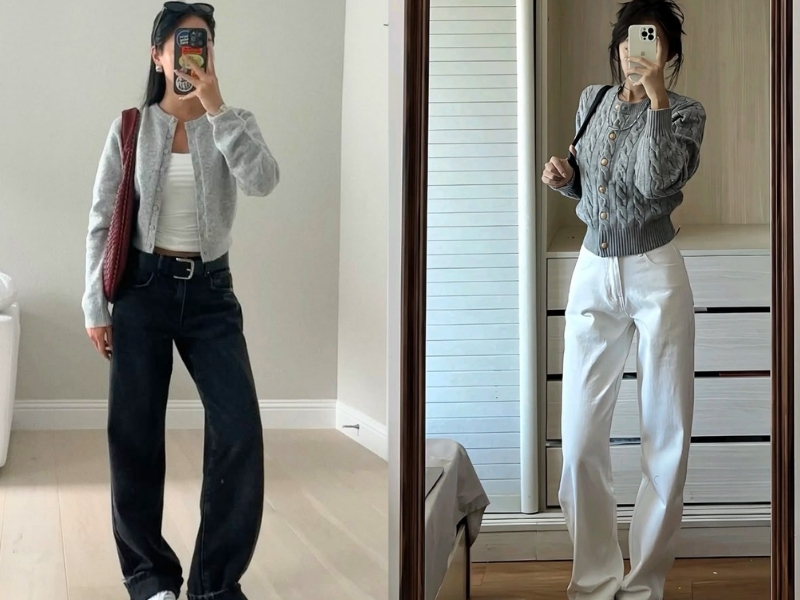 Cardigan mỏng phối áo thun và quần jeans