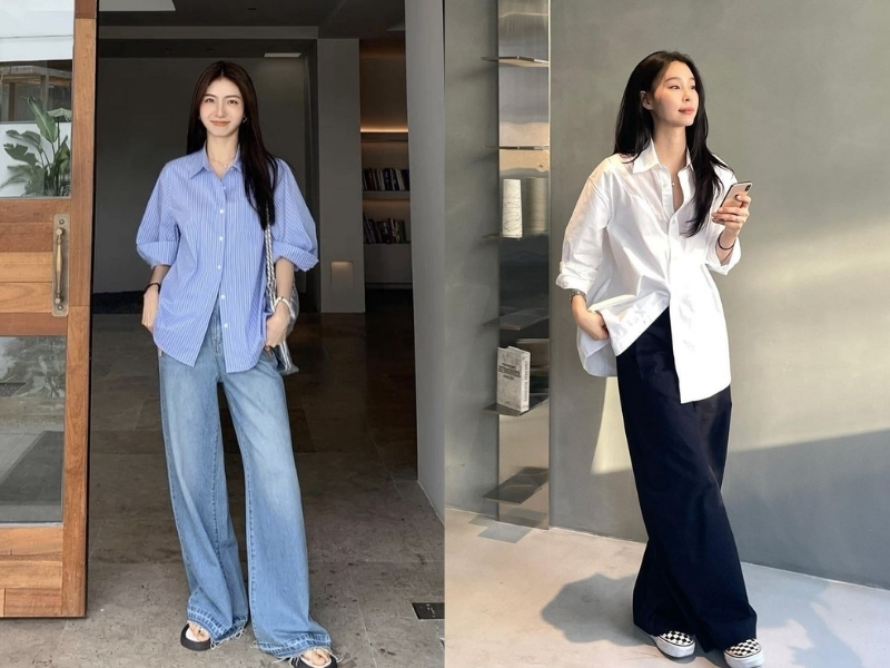 Áo sơ mi trắng phối quần jeans ống rộng.