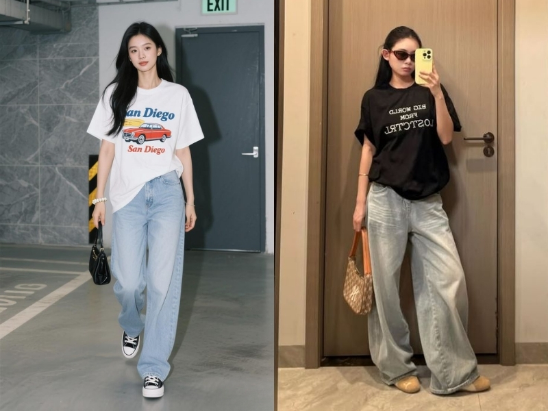 Áo thun basic phối quần jeans cho sinh viên đi học