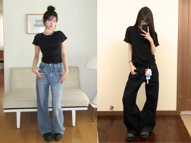 Áo baby tee phối quần ống rộng