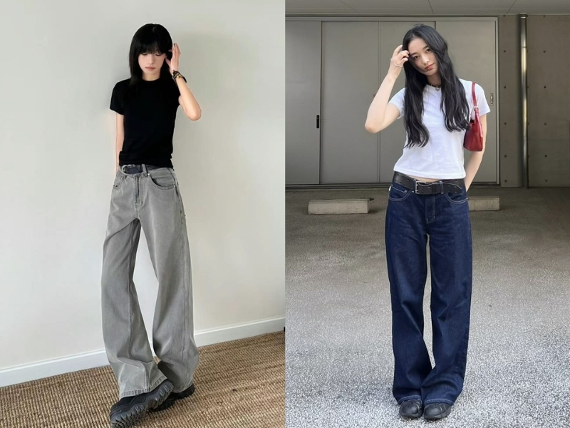 Áo baby tee phối quần ống rộng