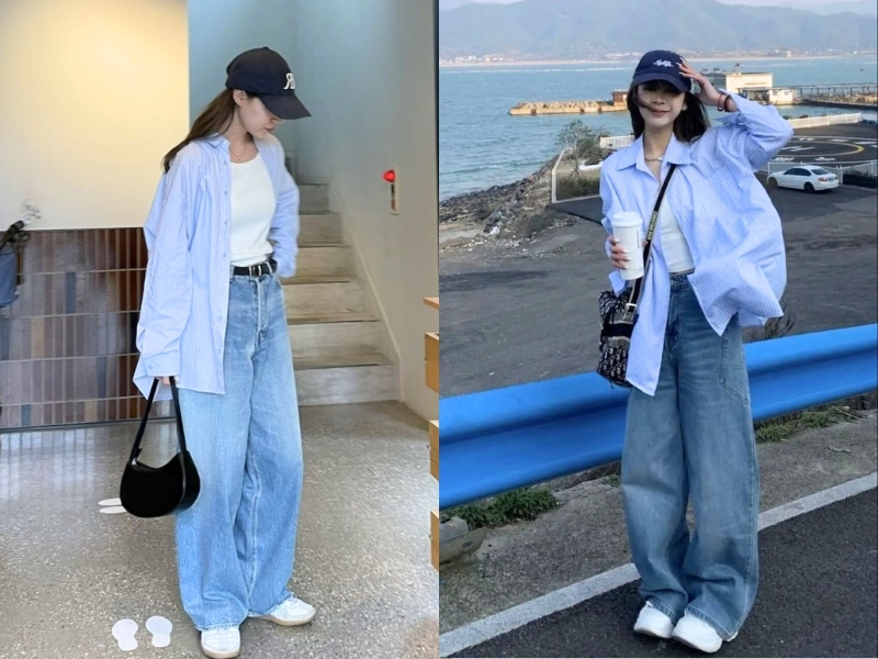 Áo sơ mi trắng phối quần jeans ống rộng