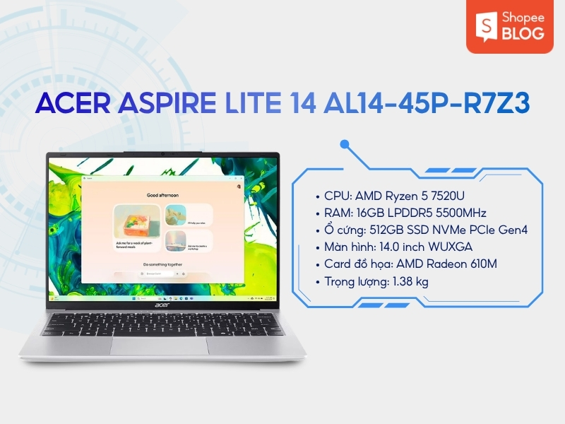 Laptop phù hợp cho sinh viên công nghệ thông tin Acer Aspire Lite 14