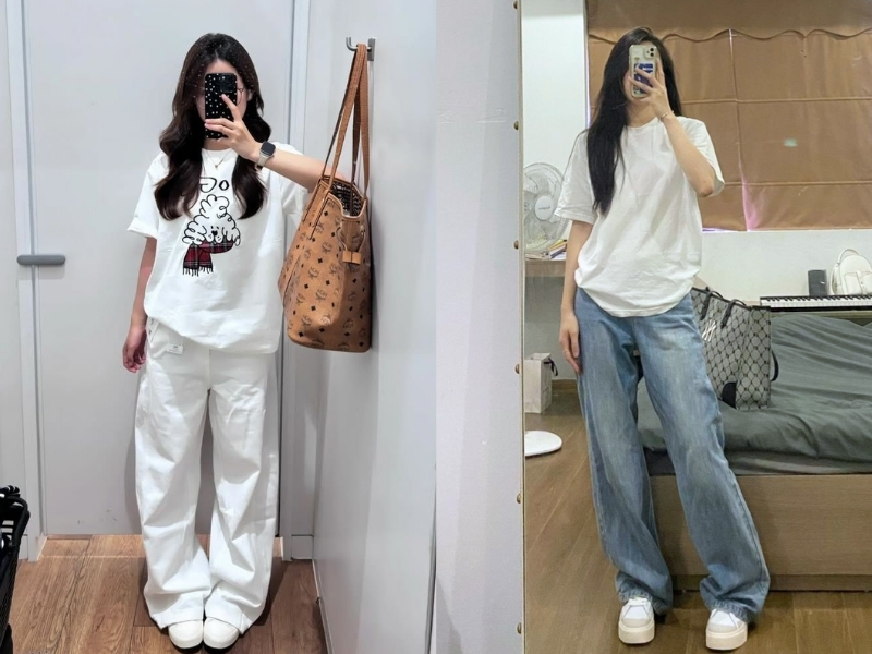 Áo thun basic phối quần jeans.