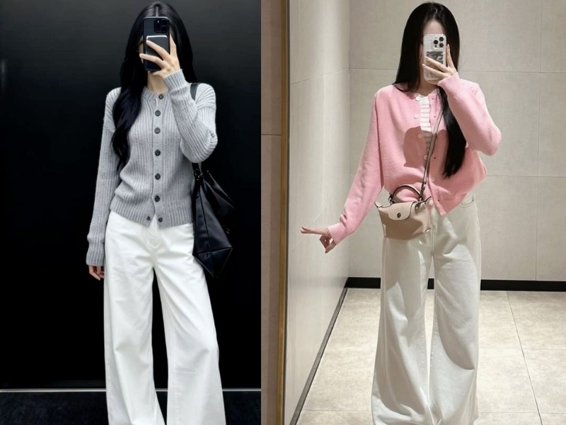 Cardigan mỏng phối áo thun và quần jeans