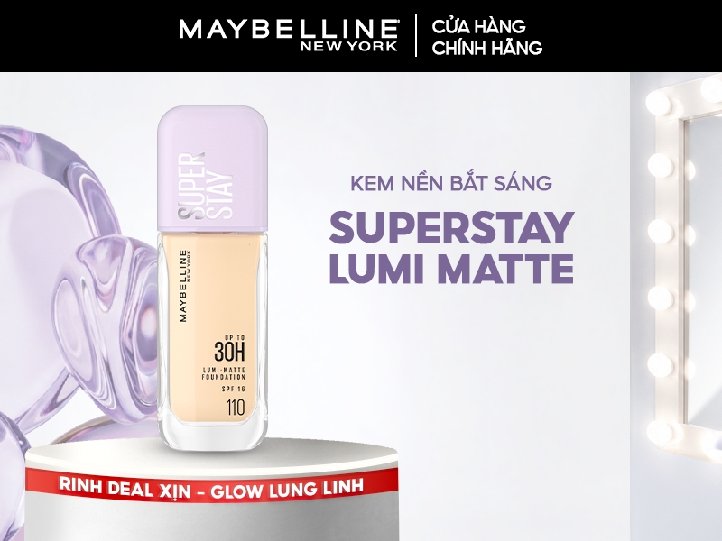 Maybelline Superstay Lumi Matte 30H với thiết kế chai vuông vắn, hiện đại.